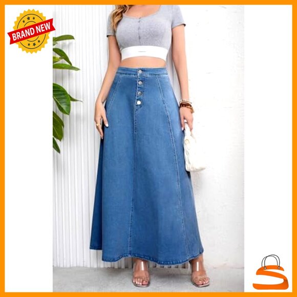 High Waisted Button Fly Flared Denim Maxi Skirt Pleated Swing A-Line - Picture 6 of 7